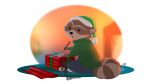  2019 absurd_res anthro black_eyes black_nose brown_body brown_fur chillhop_raccoon christmas christmas_clothing christmas_headwear clothed clothing digital_media_(artwork) fur gift green_clothing hat headgear headwear hi_res holding_pen holidays letodoesart male mammal procyonid raccoon santa_hat scissors simple_background sitting solo striped_tail stripes sweater topwear white_background 