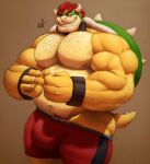  2021 absurd_res anthro ara_chibi arm_hair barazoku belly biceps big_belly big_bulge big_moobs big_muscles big_pecs bodily_fluids body_hair bottomwear bowser bracelet brown_background bulge chest_hair claws clothing collaboration collar colored croconut digital_media_(artwork) english_text eyebrows facial_hair hair hi_res horn huge_bulge huge_muscles jewelry koopa looking_at_viewer male mario_bros mixed_media moobs musclegut muscular muscular_anthro muscular_male navel nintendo nipples one_eye_closed pecs pubes scalie shell shorts signature simple_background smile solo spiked_shell spiked_tail spikes spikes_(anatomy) standing sweat teeth text traditional_media_(artwork) triceps video_games wink 