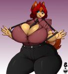  2020 5_fingers absurd_res anthro big_breasts black_nose breasts canid canine canis clothed clothing dated domestic_dog eyebrows eyelashes female fingers hair hi_res looking_at_viewer mama_maria mammal red_eyebrows red_hair solo superix suspenders thick_thighs 