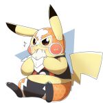  2019 3_toes bodily_fluids clothing cosplay_pikachu_(costume) dipstick_ears eating feet female food fur hi_res midriff multicolored_ears nintendo pikachu pikachu_libre pok&eacute;mon pok&eacute;mon_(species) semi-anthro sitting solo sweat tatu_wani_(artist) toes video_games yellow_body yellow_fur 