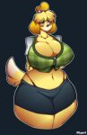  2018 absurd_res animal_crossing anthro big_breasts black_nose blonde_hair blush breasts canid canine canis clothed clothing domestic_dog eyebrows eyelashes female grey_eyes hair hi_res isabelle_(animal_crossing) mammal navel nintendo shih_tzu solo superix thick_thighs toy_dog video_games yellow_body 