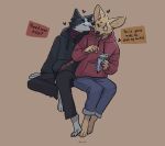  &lt;3 2021 anthro biped black_nose blush bottomwear canid canine clothed clothing dessert dialogue duo english_text eyes_closed food fur grey_body grey_fur hi_res holding_food holding_ice_cream holding_object hoodie ice_cream licking male male/male mammal mawfulme open_mouth pants simple_background sitting speech_bubble text tongue tongue_out topwear white_body white_fur 
