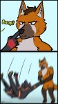  2021 4_fingers 9:16 black_eyes black_nose boop brown_body brown_fur brown_hair canid canine duo english_text fingers fox fur hair hi_res humor mammal nude orange_body orange_fur simple_background sparecoyote text violence 