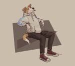  2021 anthro biped bottomwear canid canine clothed clothing digital_media_(artwork) dipstick_tail eyes_closed footwear fur hi_res hoodie male mammal mawfulme multicolored_tail orange_body orange_fur pants shoes simple_background sitting solo tongue tongue_out topwear white_body white_fur 