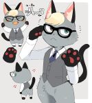  2020 animal_crossing anthro blonde_hair bottomless chibi clothed clothing digital_media_(artwork) domestic_cat eyewear featureless_crotch felid feline felis fur glasses grey_body grey_fur hair heterochromia hyaku_(artist) japanese_text male mammal nintendo pawpads raymond_(animal_crossing) solo text topwear vest video_games 