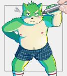  2021 anthro belly big_belly canid canine canis clothing domestic_dog duo fur green_body green_fur hi_res humanoid_hands kemono male mammal moobs navel nipples overweight overweight_male solo_focus tmnt_omawari3 underwear 