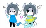  anthro bob_(undertale) canid canine clothed clothing felid feline female fur hair male mammal simple_background tem temmie_(undertale) text topwear undertale video_games white_body white_fur 