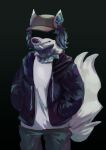  2021 absurd_res alternate_species anthro biped black_background black_clothing black_hoodie black_jacket black_topwear bottomwear brown_clothing brown_hat brown_headwear canid canine canis cigarette cigarette_in_mouth clothing digital_media_(artwork) facial_hair fan_character friday_night_funkin&#039; fur furrification garcello green_bottomwear green_clothing green_pants grey_body grey_fur hair hands_in_pockets hat headgear headwear hi_res hoodie imnotlefty jacket male mammal pants pockets shirt simple_background smile smoking solo teal_hair topwear white_clothing white_shirt white_topwear wolf 