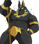  2020 anthro anubian_jackal anubis barazoku black_body black_nose bottomwear bulge canid canine canis clothing deity digital_media_(artwork) egyptian_mythology hi_res humanoid_hands hyaku_(artist) jackal japanese_text kemono loincloth male mammal middle_eastern_mythology muscular muscular_anthro muscular_male mythology simple_background solo text white_background 