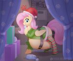  ! augustbebel belt christmas christmas_clothing christmas_headwear clothing cutie_mark dialogue digital_media_(artwork) english_text equid equine eyebrows eyelashes female feral fluttershy_(mlp) friendship_is_magic gift hasbro hat headgear headwear hi_res holidays legwear looking_at_viewer mammal my_little_pony pattern_clothing pattern_legwear pegasus santa_hat side_view striped_clothing striped_legwear stripes text vore wings 