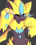  4:5 alistorial ambiguous_gender anthro black_body black_fur blep blue_body blue_eyes blue_fur blue_pawpads claws digital_media_(artwork) finger_claws fur grey_background hi_res legendary_pok&eacute;mon looking_at_viewer mammal nintendo one_eye_closed pawpads pok&eacute;mon pok&eacute;mon_(species) shaded simple_background solo tongue tongue_out video_games white_claws wink yellow_body yellow_fur zeraora 