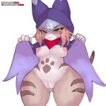  &lt;3 &lt;3_eyes 1:1 2021 anthro blue_eyes breasts capcom censored clothed clothing clothing_lift digital_media_(artwork) felid felyne female flashing fur genitals girlsay hair hi_res lynian mammal monster_hunter monster_hunter_stories navel nipples partially_clothed pussy simple_background solo thick_thighs tsukino_(monster_hunter_stories) video_games whiskers wide_hips yellow_sclera 