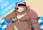  2021 anthro banbanwakaba black_nose brown_body clothing goro_(live-a-hero) hi_res humanoid_hands kemono live-a-hero male mammal one_eye_closed overweight overweight_male sitting solo swimwear ursid video_games wink 