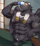  aaassstaro abs anthro armpit_hair body_hair bottomwear bulge clothed clothing felid male mammal muscular muscular_anthro muscular_male nipples open_bottomwear open_clothing open_pants pantherine pants pecs solo tezcatlipoca tokyo_afterschool_summoners underwear video_games water_bottle wings 