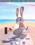  2020 absurd_res animal_genitalia anthro anus balls beach biped butt butt_focus camera camera_view casual_nudity cellphone disney english_text eyelashes female fur genitals grey_body grey_ears grey_fur grey_tail hi_res judy_hopps lagomorph leporid looking_at_viewer mammal nude nude_beach nudist outside perineum phone pink_inner_ear pink_nose purple_eyes pussy rabbit rear_view sand scut_tail seaside sheath signature smartphone solo text trevart water white_body white_fur white_tail zootopia 