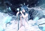  anthro barbariank blue_eyes breasts chain clothed clothing cold convenient_censorship crown ear_piercing ear_ring elf female hi_res humanoid ice melee_weapon outside piercing skimpy snow solo sword tiara weapon 