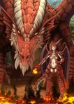  ambiguous_gender animal_humanoid anthro barbariank dragon dragon_humanoid dungeons_and_dragons duo female feral fire hasbro hi_res horn humanoid lava membrane_(anatomy) membranous_wings outside plant red_dragon_(barbariank) size_difference wings wizards_of_the_coast yellow_eyes 