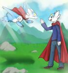  5_fingers anthro blue_body blue_eyes cape clothed clothing digital_media_(artwork) dragon duo e-01 eyes_closed feral fingers floating flying gesture grass happy hi_res horn latios legendary_pok&eacute;mon male mountain nintendo open_mouth outside plant pok&eacute;mon pok&eacute;mon_(species) rock simple_background sky smile solo standing star video_games waving white_body wings 