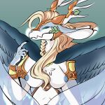  1:1 absurd_res anthro armor big_breasts breasts crown dragon duel_monster feathered_wings feathers female hair hi_res hirothedragon konami long_hair nipples non-mammal_breasts nude queen royalty saffira_queen_of_dragons solo wings yu-gi-oh 