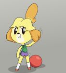  accessory animal_crossing anthro athletic athletic_female athletic_shirt ball bell blush bottomwear canid canine canis clothed clothing domestic_dog female footwear fully_clothed gym_bottomwear gym_clothing gym_shorts hair_accessory hairband happy_harvey isabelle_(animal_crossing) looking_away mammal nintendo phone_drawing shoes shorts socks solo video_games 