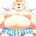  1:1 2021 absurd_res anthro bed belly big_belly blush bulge clothing eyes_closed fur furniture hat headgear headwear hi_res kemono lying male mammal moobs navel nipples omo_kemo overweight overweight_male pillow pink_nipples polar_bear solo tongue tongue_out underwear ursid ursine white_body white_fur 