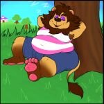  animal_crossing anthro belly belly_overhang building countershading felid field fur grass hi_res hill lion male mammal mane moobs nintendo nood1e outside overweight overweight_anthro overweight_male pantherine pawpads paws plant rex_(animal_crossing) sky sleeping slightly_chubby solo tree video_games 