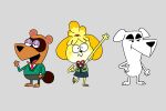  2021 3:2 animal_crossing anthro black_nose bottomwear brown_body canid canine canis clothed clothing domestic_dog fully_clothed group isabelle_(animal_crossing) jellystone_(hbo_max) k.k._slider mammal necktie nicocoesc nintendo pants raccoon_dog simple_background slightly_chubby style_parody tanuki tom_nook_(animal_crossing) video_games white_body yellow_body 