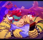  2021 anthro bowser bracelet cellphone clothed clothing creating_art duo eyebrows eyewear facial_piercing glasses gloves hair handwear hat headgear headwear holding_object holding_phone horn jewelry kamek koopa kumammoto_(artist) looking_at_object looking_at_phone lying magikoopa male mario_bros muscular muscular_anthro muscular_male nintendo nose_piercing nose_ring nude on_front phone piercing purple_background scalie simple_background smartphone smile spiked_bracelet spiked_tail spikes spikes_(anatomy) tattoo video_games 