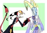  alternate_species alternate_universe angel angry blitzo_(vivzmind) demon duo emositecc gesture helluva_boss humanoid imp male pointing smug 