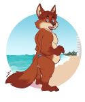  2021 anthro beach belly black_nose butt canid canine clothing disney fox gerardson gideon_grey hi_res male mammal moobs outside overweight overweight_male sea seaside solo swimwear water zootopia 