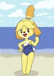  accessory animal_crossing anthro beach bell blush camel_toe canid canine canis chest_tuft clothed clothing cloud domestic_dog feet_together female flat_chested hair_accessory happy_harvey hi_res isabelle_(animal_crossing) legs_together mammal nintendo nipples one-piece_swimsuit open_mouth phone_drawing sand seaside solo swimwear tuft undressing video_games water 