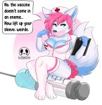  anthro big_breasts bottomwear breasts canid canine canis cleavage clothed clothing english_text female gloves hair handwear hat headgear headwear holding_object latex_gloves legwear mammal mask miniskirt nurse pandaman90 pink_hair pinup pose sitting skirt solo syringe text thigh_highs wolf 