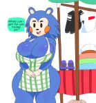  animal_crossing anthro apron apron_only big_breasts breast_squish breasts clasped_hands clothing dialogue_box english_text eulipotyphlan female hedgehog hi_res huge_breasts looking_at_viewer mabel_able mammal manog70 mostly_nude nintendo open_mouth simple_background smile solo squish text video_games white_background wide_hips 