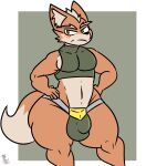  absurd_res annoyed annoyed_expression anthro belt_buckle big_bulge big_tail black_nose blush blush_lines bulge canid canine clothing cock_bulge crop_top eyebrows fox fox_mccloud fox_tail frown fur girly gold_(metal) gold_jewelry green_clothing green_eyes hands_on_hips hi_res jewelry jockstrap kingretrokirby looking_at_viewer male mammal mohawk multicolored_body multicolored_fur muscular muscular_anthro muscular_male nintendo pecs shirt simple_background solo star_fox thick_thighs thong topwear underwear video_games wide_hips 