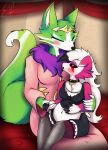  anthro bed belly big_belly big_breasts black_nose blush breasts canid canine canis class_zero claws clothing crown digital_media_(artwork) duo e-01 eyes_closed female fur furniture green_body green_fur hair hand_holding hand_on_stomach hi_res hug love lycanroc maggy_(lycan) maid_uniform mammal midnight_lycanroc multicolored_body multicolored_fur nintendo on_bed pink_body pink_fur pok&eacute;mon pok&eacute;mon_(species) pregnant red_eyes red_sclera simple_background two_tone_body two_tone_fur uniform video_games white_body white_fur wolf zero_one 