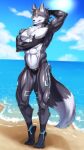  2021 aaassstaro abs anthro armpit_hair beach black_body black_fur blush body_hair canid canine canis chest_tuft clothing digital_drawing_(artwork) digital_media_(artwork) dipstick_tail fur grey_body grey_fur grey_hair hair hi_res licking licking_lips looking_at_viewer male mammal markings multicolored_body multicolored_fur multicolored_tail muscular muscular_anthro muscular_male outside pec_grab pec_grasp pecs sea seaside sky solo swimwear tongue tongue_out tuft water white_body white_fur wolf 