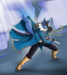  anthro black_body black_fur blue_body blue_fur canid canine capcom clothed clothing crossover devil_may_cry e-01 fur hi_res light lucario male mammal melee_weapon nintendo outside pok&eacute;mon pok&eacute;mon_(species) pose purple_eyes raining simple_background solo sunlight sword vergil_(devil_may_cry) video_games weapon 
