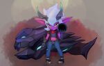  absurd_res clothing female gloves gun handwear hi_res horn humanoid league_of_legends purple_body ranged_weapon riot_games sarakatka simple_background smug solo tristana_(lol) video_games weapon yellow_eyes yordle 
