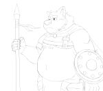  2021 anthro belly canid canine canis gladiator harushipanda hi_res male mammal moobs navel nipples overweight overweight_male shield simple_background sketch solo warrior weapon white_background wolf 