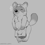  1:1 2021 absurd_res animal_crossing anthro apron balls belly bodily_fluids bulge canid canine clothing detailed_bulge eyes_closed genital_fluids genital_outline genitals hi_res male mammal monochrome moobs navel nintendo nipples overweight overweight_male penis_outline precum raccoon_dog simple_background solo sweat tanuki tom_nook_(animal_crossing) ventesthefloof video_games 