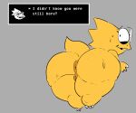  alphys anthro anus bent_over big_butt bodily_fluids buckteeth butt claws dialogue dialogue_box english_text eyewear female freckles genitals glasses lizard looking_at_viewer looking_back nervous nicechan nude pussy reptile scales scalie short_stack simple_background solo sweat teeth text thefishanon thick_tail thick_thighs undertale video_games wide_hips yellow_body yellow_scales 