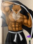  3:4 abs anthro black_clothing bleach_(series) blue_flower brown_body brown_fur brown_nipples canid canine canis cloth clothed clothing edit english_text flower fur hi_res inside iris kion_(artist) light looking_at_viewer male mammal multicolored_body multicolored_fur muscular muscular_anthro muscular_male navel nipples orange_body orange_fur pecs plant raised_arms sajin_komamura shinigami_uniform shirtless shirtless_male signature silverhands solo standing sun_rays sunlight text two_tone_body two_tone_fur vase whiskers white_belt white_body white_clothing white_fur wolf yellow_eyes 