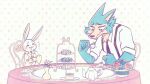  2021 anthro ashley_nichols beastars beverage canid canine canis chair clothed clothing female food fur furniture grey_body grey_fur haru_(beastars) lagomorph larger_male legoshi_(beastars) leporid male mammal plate rabbit simple_background size_difference table tablecloth tea white_body white_fur wolf 