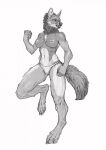  2021 anthro anya_(nightbou) athletic athletic_anthro athletic_female baring_teeth breasts canid canine canis chest_tuft claws clothed clothing digitigrade female full-length_portrait hi_res inner_ear_fluff mammal monochrome muscle_tone muscular muscular_anthro muscular_female one_leg_up panties portrait raised_leg shaded silgiriya_mantsugosi simple_background solo standing teeth toe_claws topless tuft underwear whisker_spots wolf 