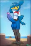  2021 2:3 4_fingers absurd_res ambiguous_gender anthro anthro_focus avian balls bandanna beach beak big_balls big_penis black_eyes black_legband blue_body blue_clothing blue_feathers blue_hair blue_scales blue_shirt blue_topwear blurred_background bottomless clothed clothing cramorant duo erection feathers fingers front_view genitals gesture glans green_sclera grey_body hair hi_res huge_balls huge_penis humanoid_genitalia humanoid_penis kerchief legband male male_focus marine miso_souperstar nintendo open_mouth outside penis pier pok&eacute;mon pok&eacute;mon_(species) purple_glans qwilfish red_bandanna red_kerchief rolled_sleeves salute sand scales sea seaside shirt solo_focus tail_feathers topwear video_games vignette water yellow_beak 