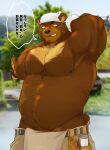  2021 absurd_res anthro bodily_fluids brown_body brown_fur doggycoffee fur hi_res japanese_text kemono male mammal nipples outside overweight overweight_male scar solo sweat text ursid 