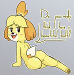  accessory animal_crossing anthro barefoot bell blush butt canid canine canis dialogue domestic_dog english_text feet female hair_accessory hairband happy_harvey inviting isabelle_(animal_crossing) lidded_eyes looking_at_viewer looking_back looking_over_shoulders mammal nintendo nude pawpads paws phone_drawing pose solo text video_games 