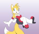  anthro armwear bodysuit breasts camel_toe canid canine cleavage clothed clothing cosplay crossgender cute_fangs elbow_gloves female fours_(artist) fox gloves handwear hi_res high_heels mammal miles_prower mtf_crossgender multi_tail rouge_the_bat sega simple_background skinsuit solo sonic_the_hedgehog_(series) tight_clothing 