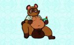  2021 animal_crossing anthro balls belly big_balls bodily_fluids brown_body brown_fur canid canine clothed clothing fur genitals male mammal navel nintendo open_clothing open_shirt open_topwear overweight overweight_male raccoon_dog shirt sirkayenne sitting solo sweat tanuki tom_nook_(animal_crossing) topwear video_games 