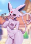  absurd_res anthro anthrofied ashraely big_breasts blush bodily_fluids breasts cleft_of_venus curvy_figure dialogue digital_media_(artwork) eeveelution espeon female forehead_gem fur genitals glistening glistening_body hi_res huge_breasts looking_at_viewer mammal navel nintendo nipples nude open_mouth outside peach_pussy pok&eacute;mon pok&eacute;mon_(species) pok&eacute;morph purple_body purple_fur pussy simple_background smile solo sweat talking_to_viewer text thick_thighs video_games voluptuous wide_hips 